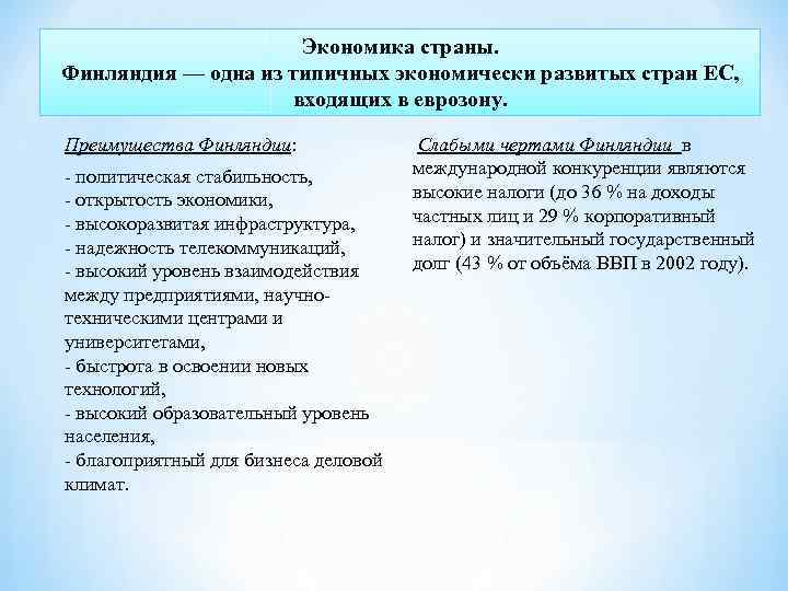 Экономика страны. Финляндия — одна из типичных экономически развитых стран ЕС, входящих в еврозону.