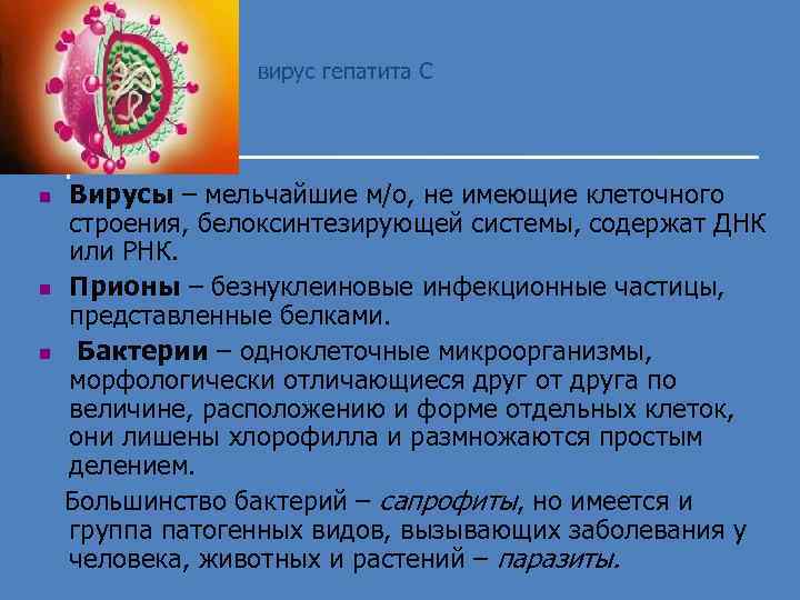  вирус гепатита С Вирусы – мельчайшие м/о, не имеющие клеточного строения, белоксинтезирующей системы,