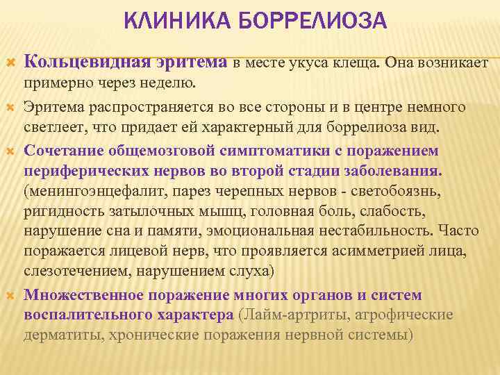 КЛИНИКА БОРРЕЛИОЗА Кольцевидная эритема в месте укуса клеща. Она возникает примерно через неделю. Эритема