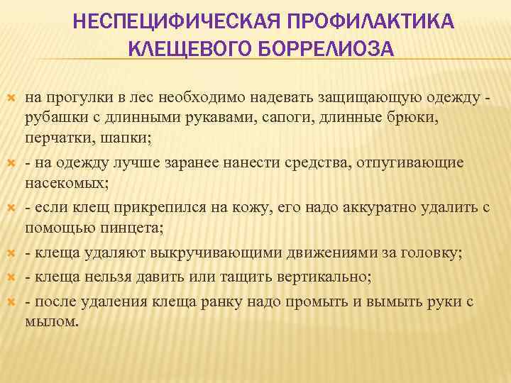 НЕСПЕЦИФИЧЕСКАЯ ПРОФИЛАКТИКА КЛЕЩЕВОГО БОРРЕЛИОЗА на прогулки в лес необходимо надевать защищающую одежду рубашки с