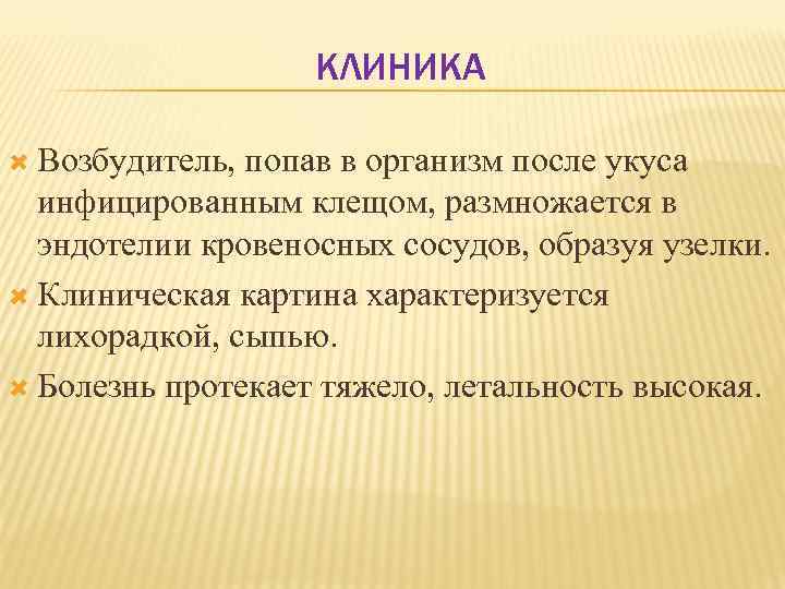 КЛИНИКА Возбудитель, попав в организм после укуса инфицированным клещом, размножается в эндотелии кровеносных сосудов,