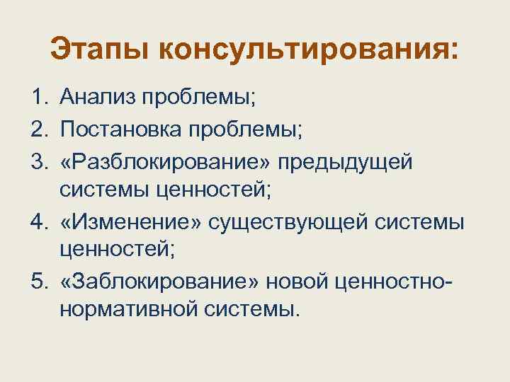 Этапы консультирования: 1. Анализ проблемы; 2. Постановка проблемы; 3. «Разблокирование» предыдущей системы ценностей; 4.