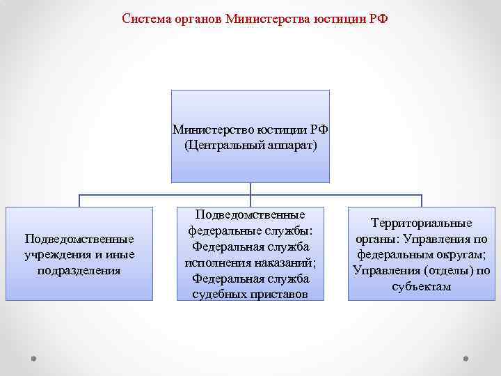 Система органов Министерства юстиции РФ Министерство юстиции РФ (Центральный аппарат) Подведомственные учреждения и иные