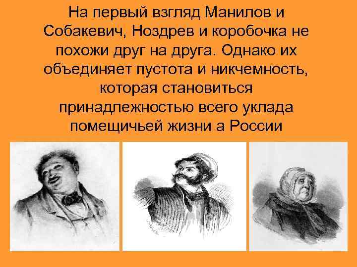 На первый взгляд Манилов и Собакевич, Ноздрев и коробочка не похожи друг на друга.