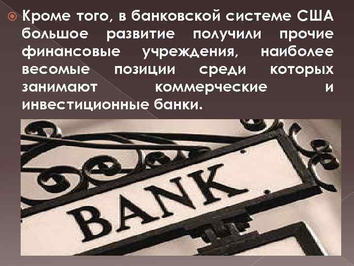  Кроме того, в банковской системе США большое развитие получили прочие финансовые учреждения, наиболее