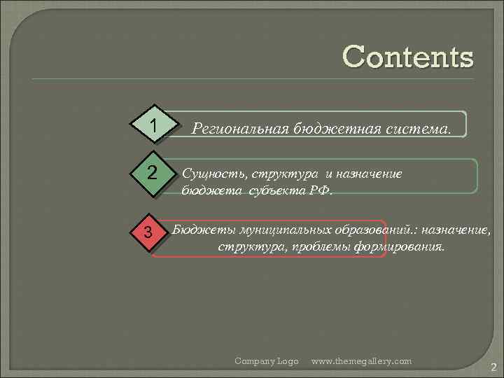 Contents 1 2 3 Региональная бюджетная система. Сущность, структура и назначение бюджета субъекта РФ.