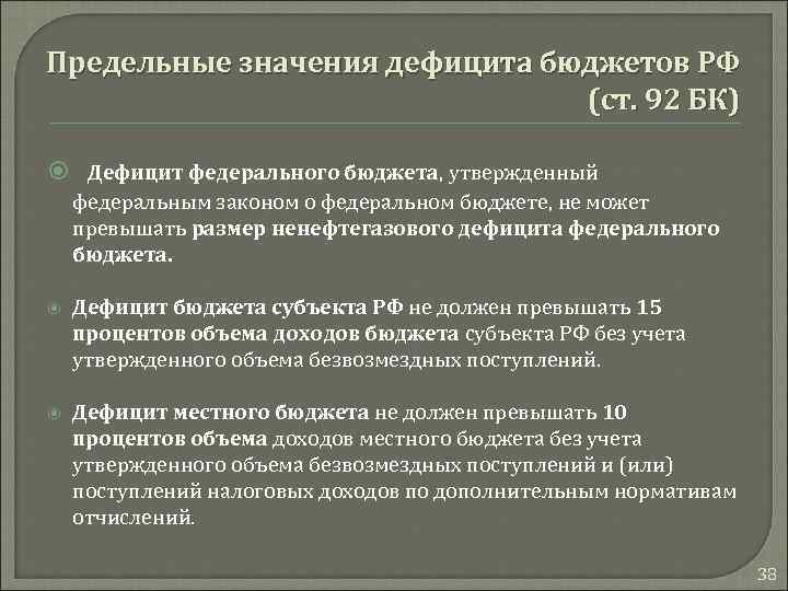 Предельные значения дефицита бюджетов РФ (ст. 92 БК) Дефицит федерального бюджета, утвержденный федеральным законом