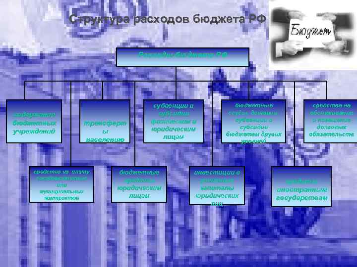 Структура расходов бюджета РФ Расходы бюджета РФ содержание бюджетных учреждений трансферт ы населению средства