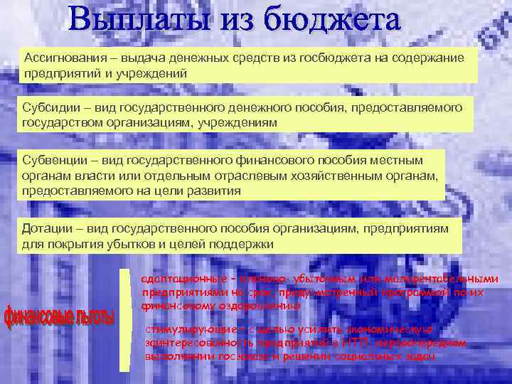 Ассигнования – выдача денежных средств из госбюджета на содержание предприятий и учреждений Субсидии –