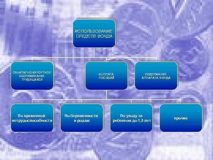 ИСПОЛЬЗОВАНИЕ СРЕДСТВ ФОНДА САНИТАРНО КУРОРТНОЕ ОБСЛУЖИВАНИЕ ТРУДЯЩИХСЯ По временной нетрудоспособности ВЫПЛАТА ПОСОБИЙ По беременности