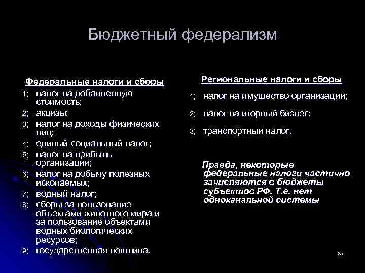 Бюджетный федерализм Федеральные налоги и сборы 1) налог на добавленную стоимость; 2) акцизы; 3)