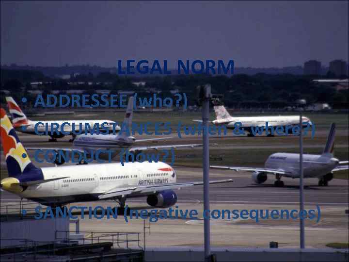 LEGAL NORM • ADDRESSEE (who? ) • CIRCUMSTANCES (when & where? ) • CONDUCT