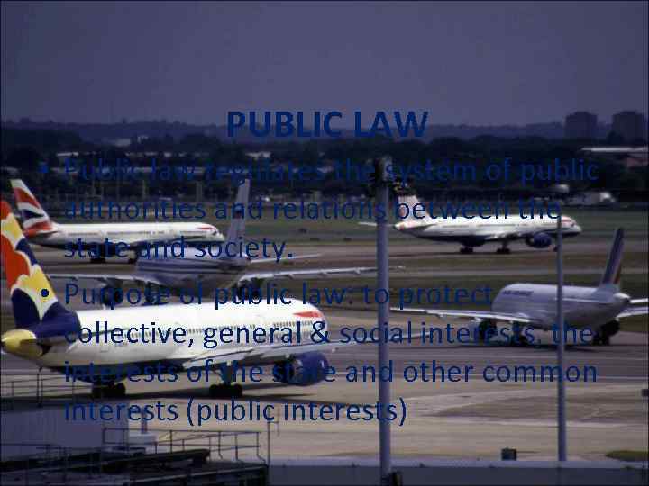 PUBLIC LAW • Public law regulates the system of public authorities and relations between