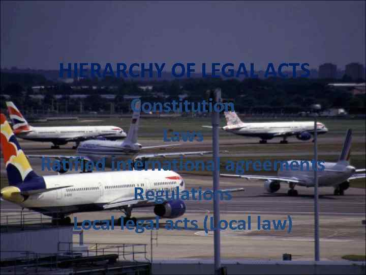 HIERARCHY OF LEGAL ACTS Constitution Laws Ratified international agreements Regulations Local legal acts (Local