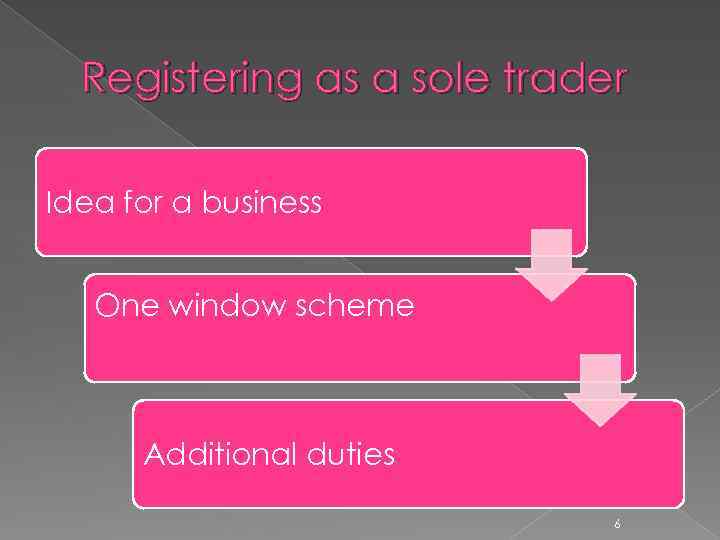 Registering as a sole trader Idea for a business One window scheme Additional duties