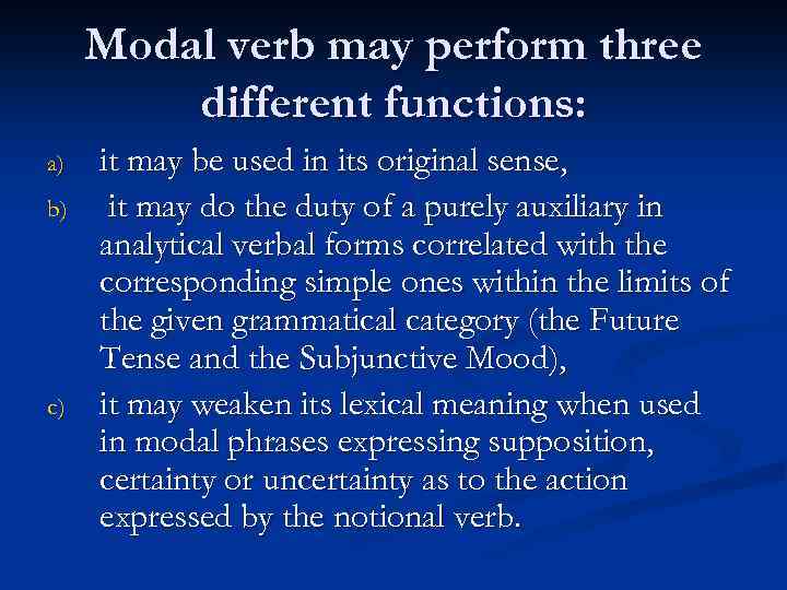 Modal verb may perform three different functions: a) b) c) it may be used