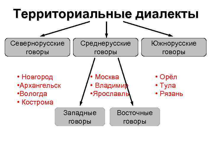 Территориальные диалекты Севернорусские говоры • Новгород • Архангельск • Вологда • Кострома Среднерусские говоры