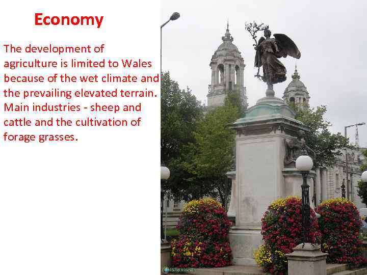 Economy The development of agriculture is limited to Wales because of the wet climate