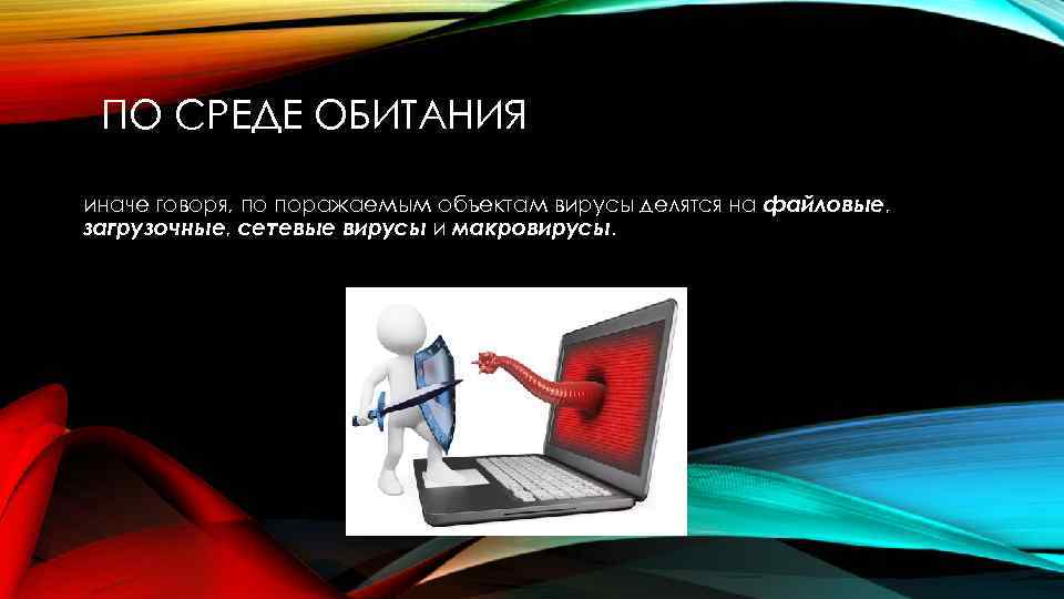 ПО СРЕДЕ ОБИТАНИЯ иначе говоря, по поражаемым объектам вирусы делятся на файловые, загрузочные, сетевые