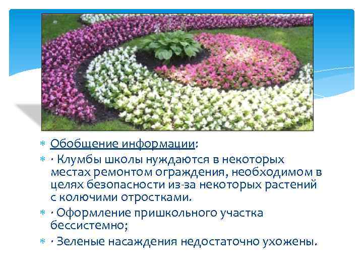  Обобщение информации: · Клумбы школы нуждаются в некоторых местах ремонтом ограждения, необходимом в