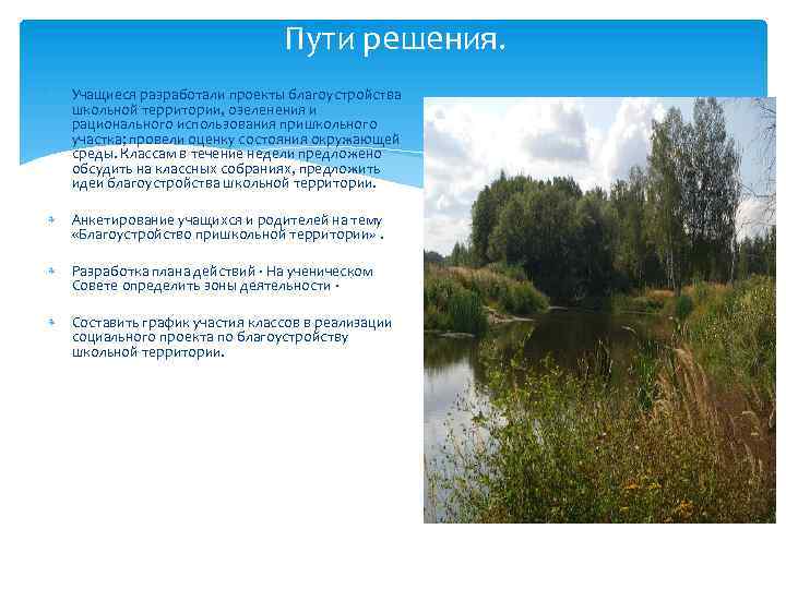 Пути решения. Учащиеся разработали проекты благоустройства школьной территории, озеленения и рационального использования пришкольного участка;
