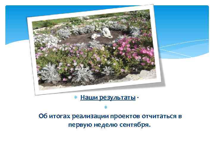  Наши результаты · Об итогах реализации проектов отчитаться в первую неделю сентября. 