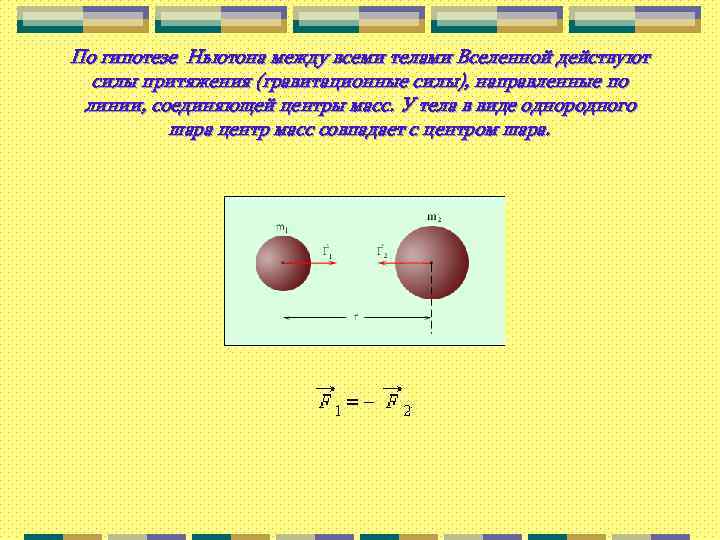 По гипотезе Ньютона между всеми телами Вселенной действуют силы притяжения (гравитационные силы), направленные по