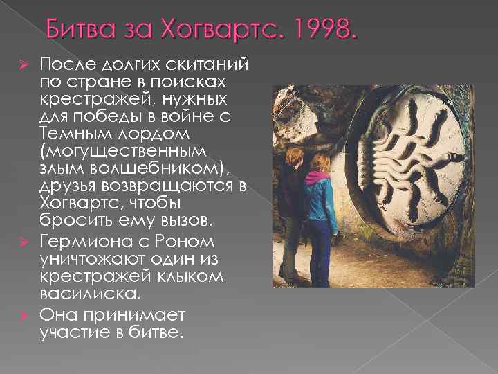 Битва за Хогвартс. 1998. После долгих скитаний по стране в поисках крестражей, нужных для