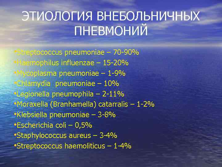 ЭТИОЛОГИЯ ВНЕБОЛЬНИЧНЫХ ПНЕВМОНИЙ • Streptococcus pneumoniae – 70 -90% • Haemophilus influenzae – 15