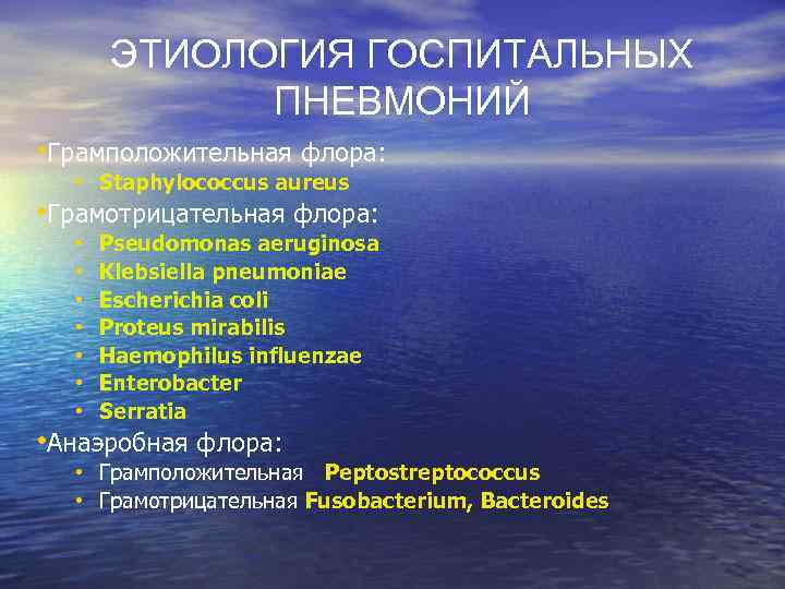 ЭТИОЛОГИЯ ГОСПИТАЛЬНЫХ ПНЕВМОНИЙ • Грамположительная флора: • Staphylococcus aureus • Грамотрицательная флора: • •