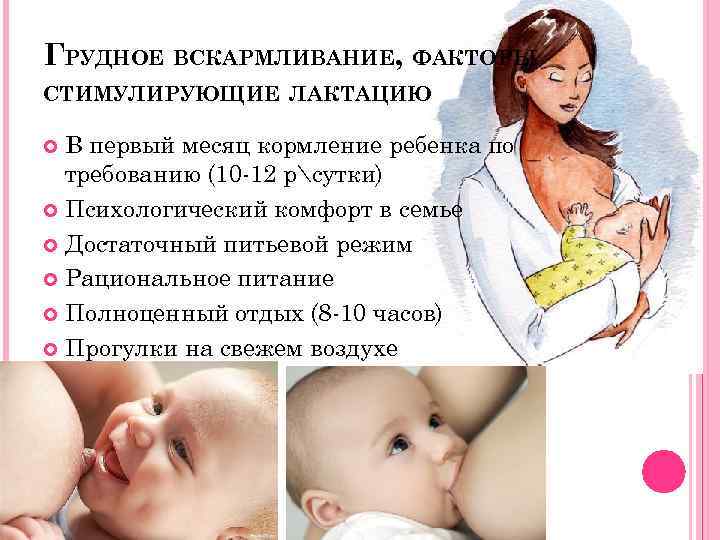 ГРУДНОЕ ВСКАРМЛИВАНИЕ, ФАКТОРЫ СТИМУЛИРУЮЩИЕ ЛАКТАЦИЮ В первый месяц кормление ребенка по требованию (10 -12