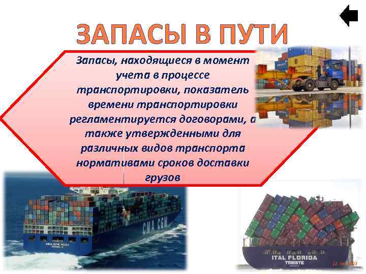 ЗАПАСЫ В ПУТИ Запасы, находящиеся в момент учета в процессе транспортировки, показатель времени транспортировки