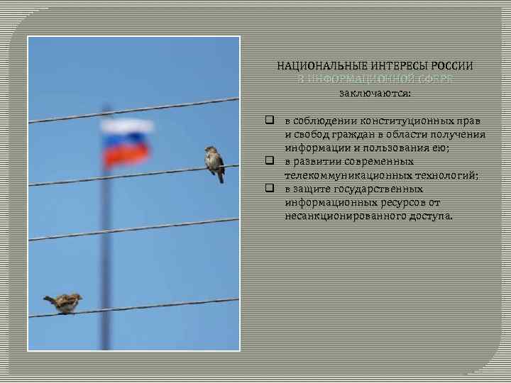 НАЦИОНАЛЬНЫЕ ИНТЕРЕСЫ РОССИИ В ИНФОРМАЦИОННОЙ СФЕРЕ заключаются: q в соблюдении конституционных прав и свобод