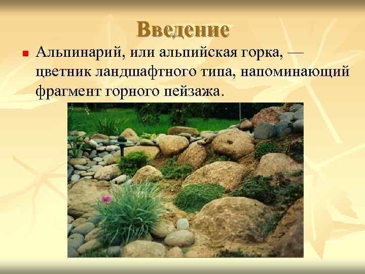Введение n Альпинарий, или альпийская горка, — цветник ландшафтного типа, напоминающий фрагмент горного пейзажа.