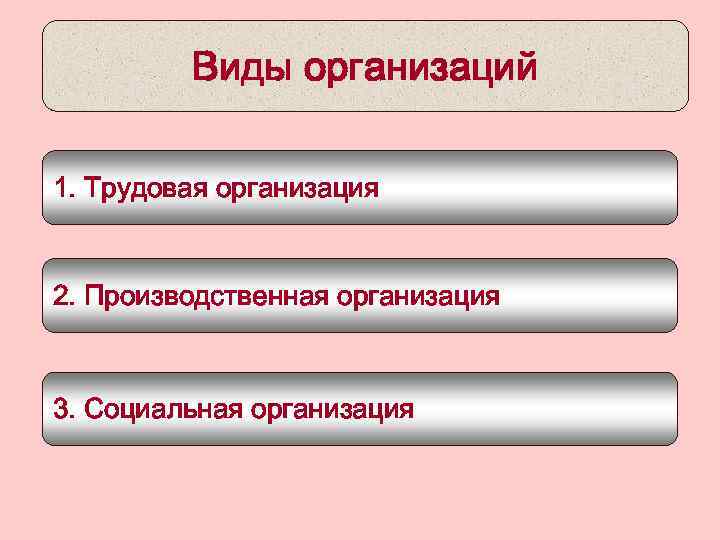 Виды организаций 1. Трудовая организация 2. Производственная организация 3. Социальная организация 