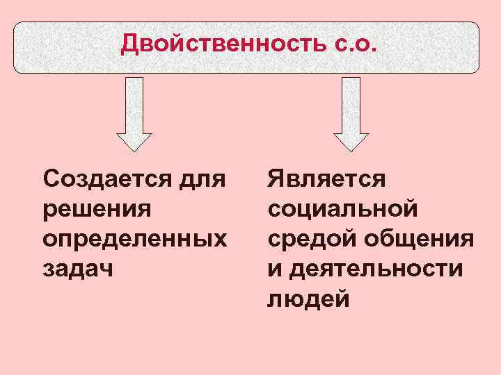 Двойственность с. о. Создается для решения определенных задач Является социальной средой общения и деятельности