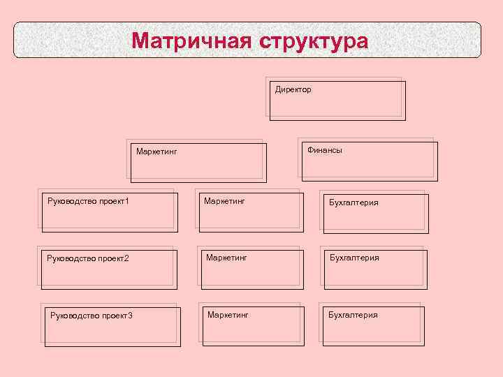 Матричная структура Директор Финансы Маркетинг Руководство проект1 Маркетинг Бухгалтерия Руководство проект2 Маркетинг Бухгалтерия Руководство