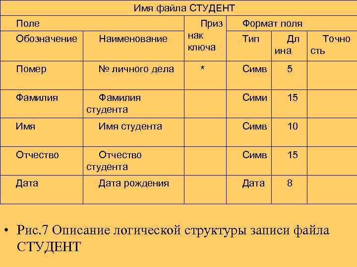 Имя файла СТУДЕНТ Поле Обозначение Наименование Помер № личного дела Фамилия Имя Отчество Дата