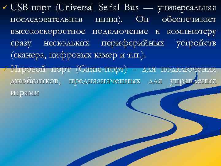 USB-порт (Universal Serial Bus — универсальная последовательная шина). Он обеспечивает высокоскоростное подключение к компьютеру