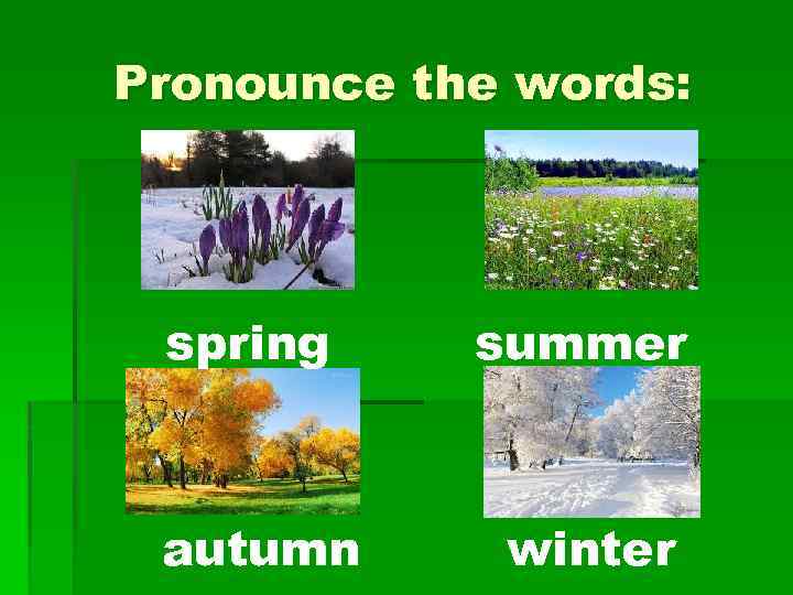 Pronounce the words: spring summer autumn winter 