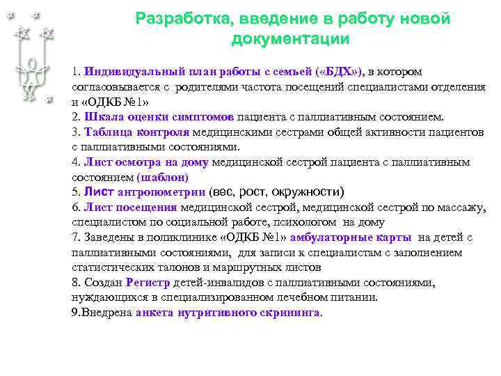 Разработка, введение в работу новой документации 1. Индивидуальный план работы с семьей ( «БДХ»