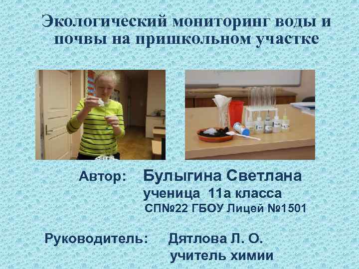 Экологический мониторинг воды и почвы на пришкольном участке Автор: Булыгина Светлана ученица 11 а