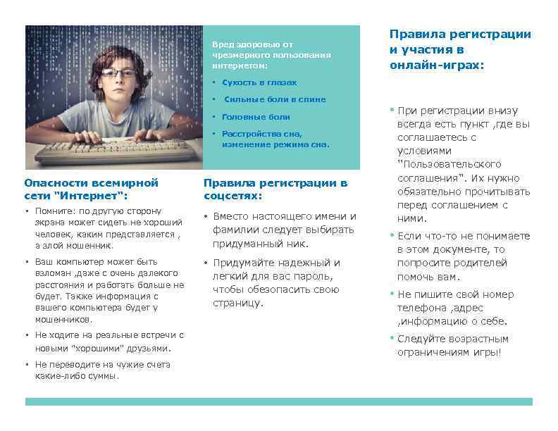 Вред здоровью от чрезмерного пользования интернетом: Правила регистрации и участия в онлайн-играх: • Сухость