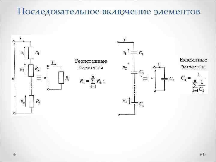 Последовательное включение элементов Резистивные элементы Емкостные элементы 14 