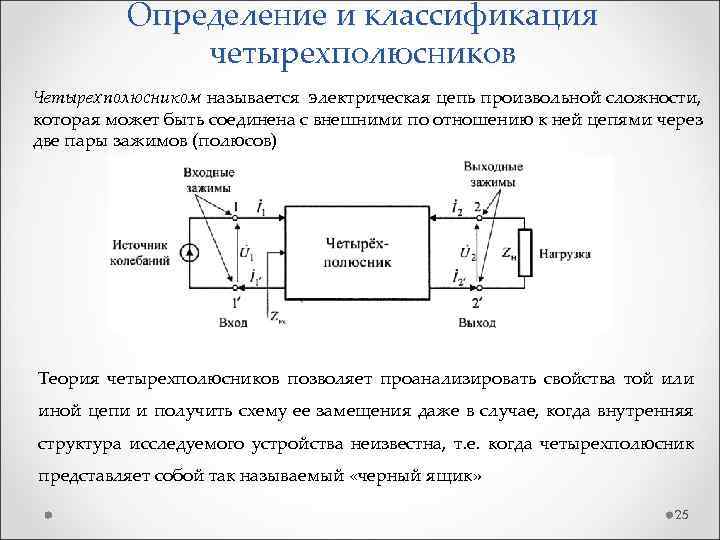 Определение и классификация четырехполюсников Четырехполюсником называется электрическая цепь произвольной сложности, которая может быть соединена