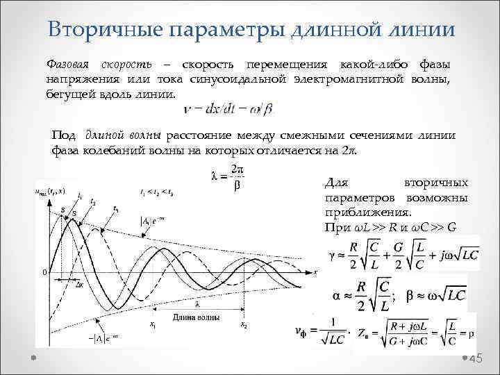 Вторичные параметры длинной линии Фазовая скорость – скорость перемещения какой-либо фазы напряжения или тока