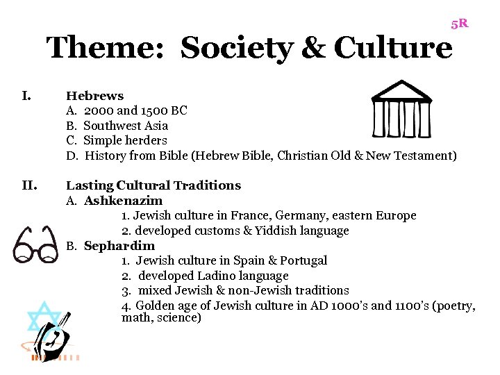 5 R Theme: Society & Culture I. Hebrews A. 2000 and 1500 BC B.