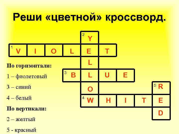 Реши «цветной» кроссворд. 2 1 V I O L E 3 B L 3