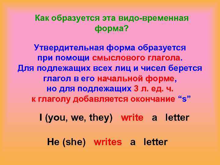 Как образуется эта видо-временная форма? Утвердительная форма образуется при помощи смыслового глагола. Для подлежащих