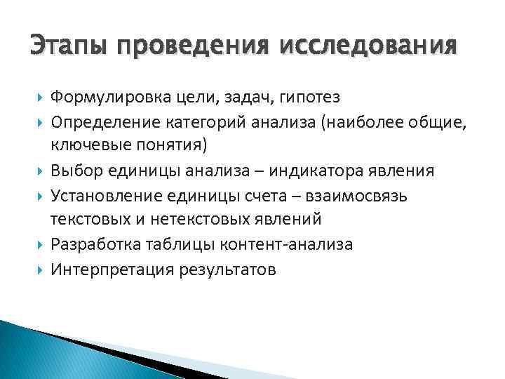 Этапы проведения исследования Формулировка цели, задач, гипотез Определение категорий анализа (наиболее общие, ключевые понятия)